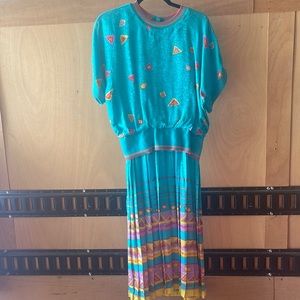 Vintage original Lillie Rubin 100% silk dress dolman sleeve geometric print